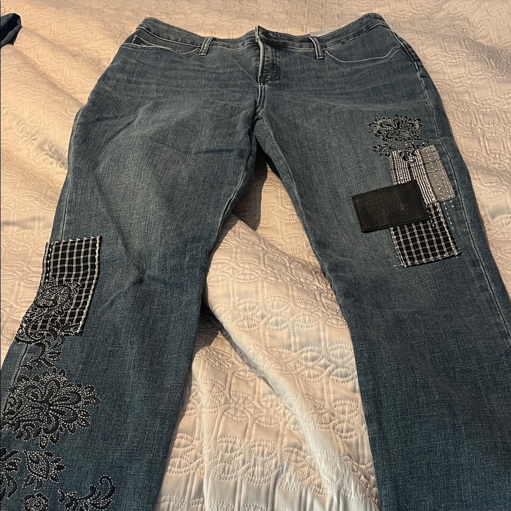 Chico's Blue Straight Leg Jeans with Black Patchwork